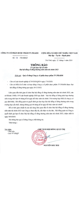 (22/04/2024) Thông báo gia hạn việc tổ chức đại hội đồng cổ đông thường niên năm tài chính 2023